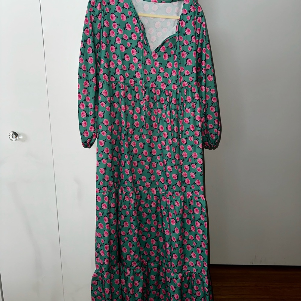 Amazon Green and Pink Floral Maxi Dress